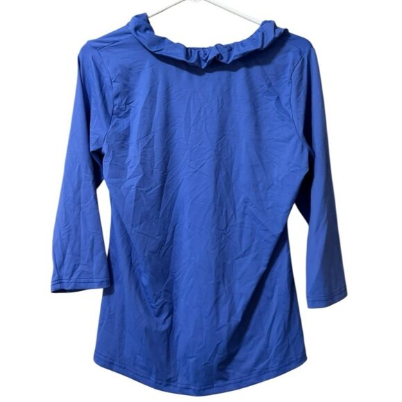 Lulu B Top Size Small Ruffle Neck 3/4 Sleeve Stretch Blue Modern Lightweight - Picture 2 of 11